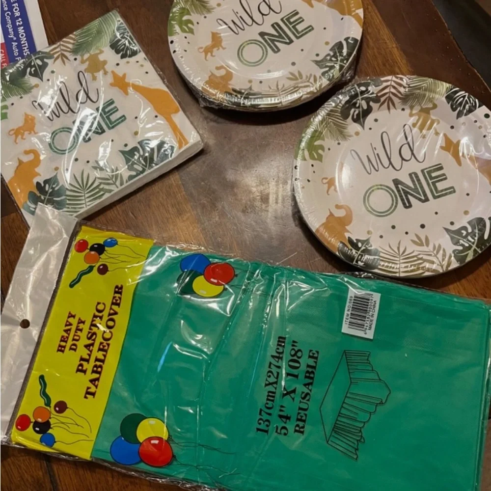 Wild One Party Plates , napkins and Green Tablecover Set